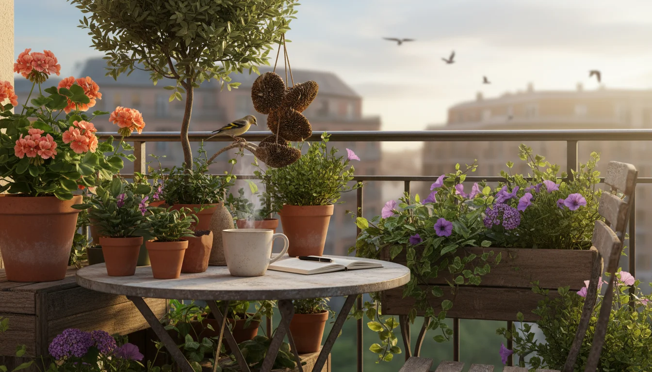 A steaming coffee mug on a small balcony table, with a finch feeding from a sunflower seed feeder among potted plants.