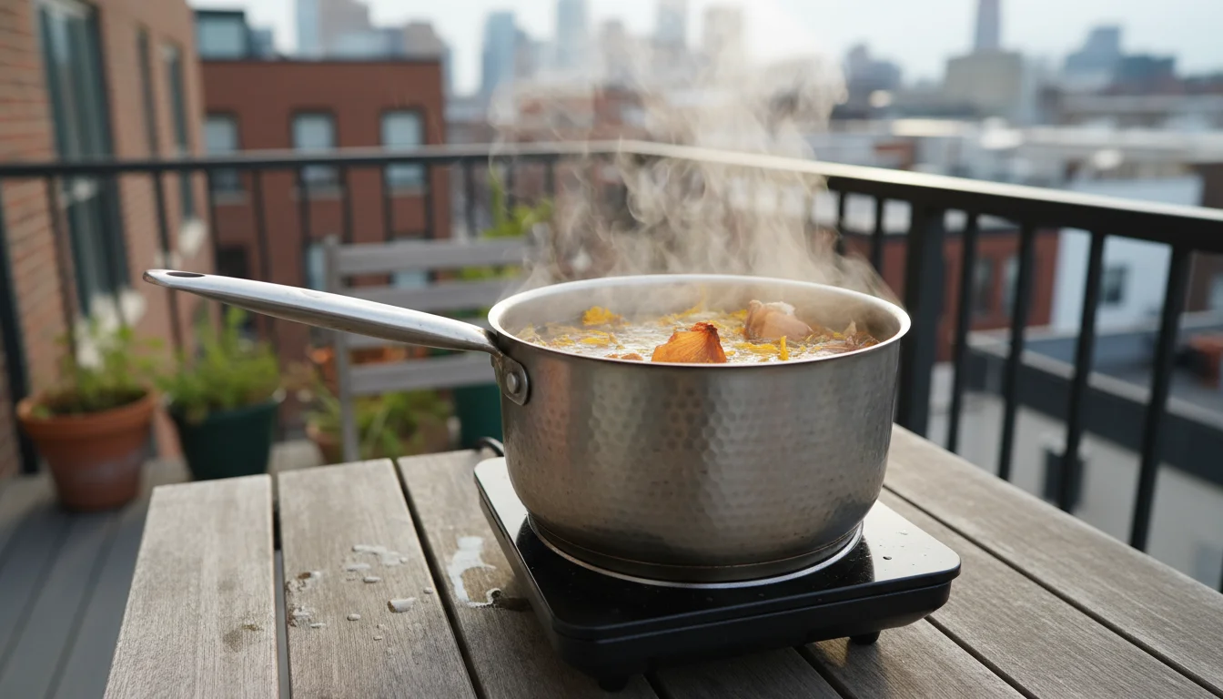 Steaming stainless steel pot on a balcony table, marigolds and onion skins simmering in rich amber liquid, with a folded linen towel nearby.