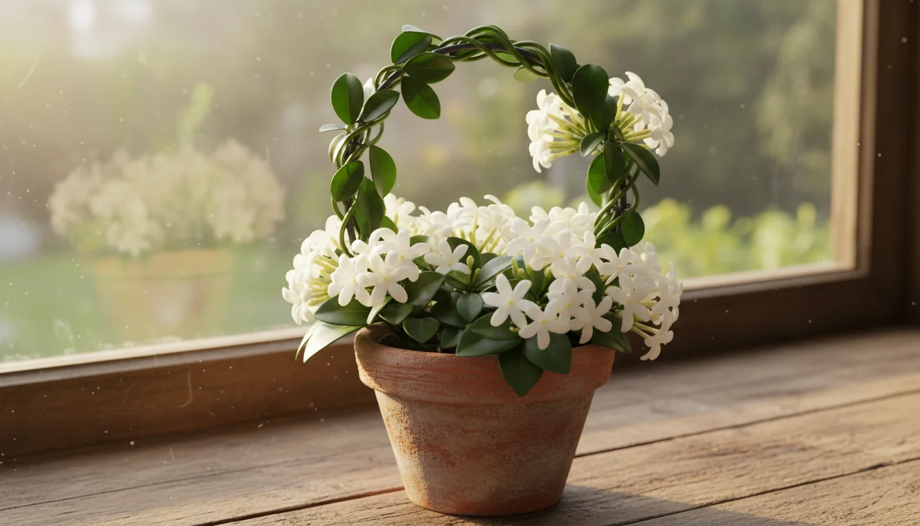 Stephanotis Floribunda with waxy white flowers on a hoop trellis in a terracotta pot on a rustic windowsill, bathed in warm light.