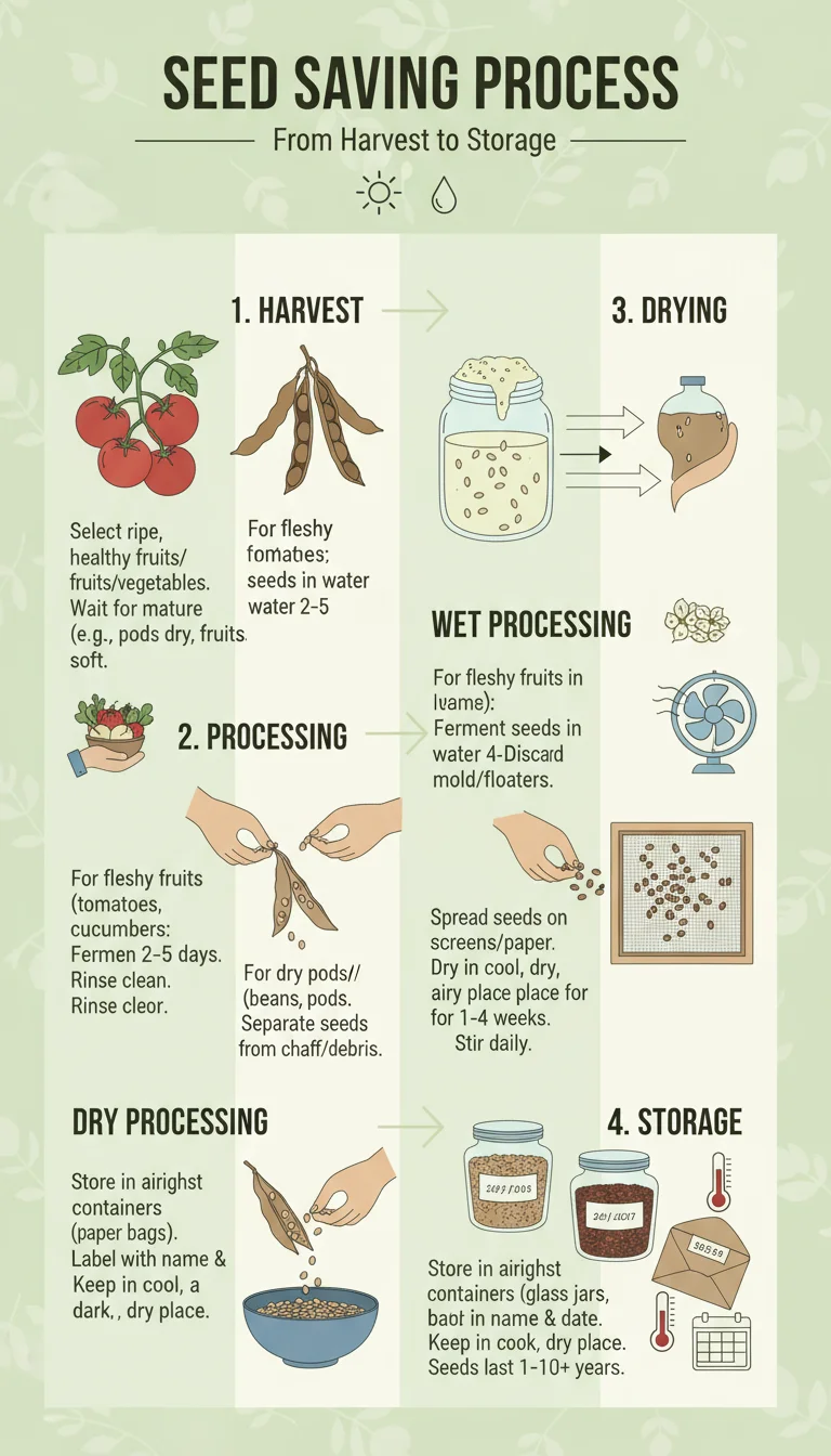 Infographic: Steps for successful seed saving, from harvesting mature seeds to proper drying and storage.