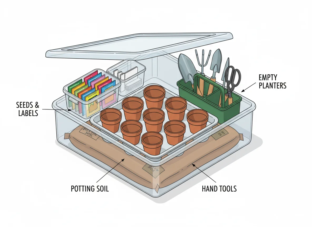 Clear storage box cutaway: soil bag at bottom, tray of empty planters, seed packets, hand tools caddy, & folded gardening gloves.