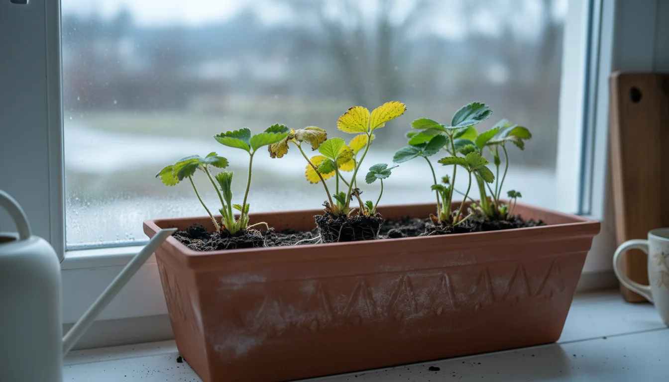 Strawberry plants in an indoor window box on a windowsill, showing several yellowing leaves among green foliage.