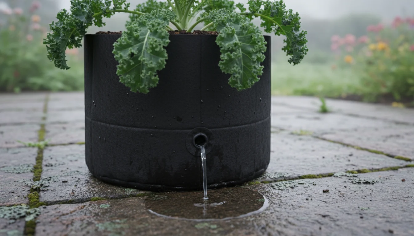 A stream of water actively drains from the bottom drainage hole of a fabric grow bag, creating a wet spot on the patio stone below. Healthy kale leave