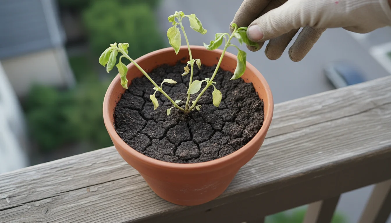 Stressed basil plant in a terracotta pot with dense, cracked potting soil on a balcony railing. A hand hovers over yellowing leaves.