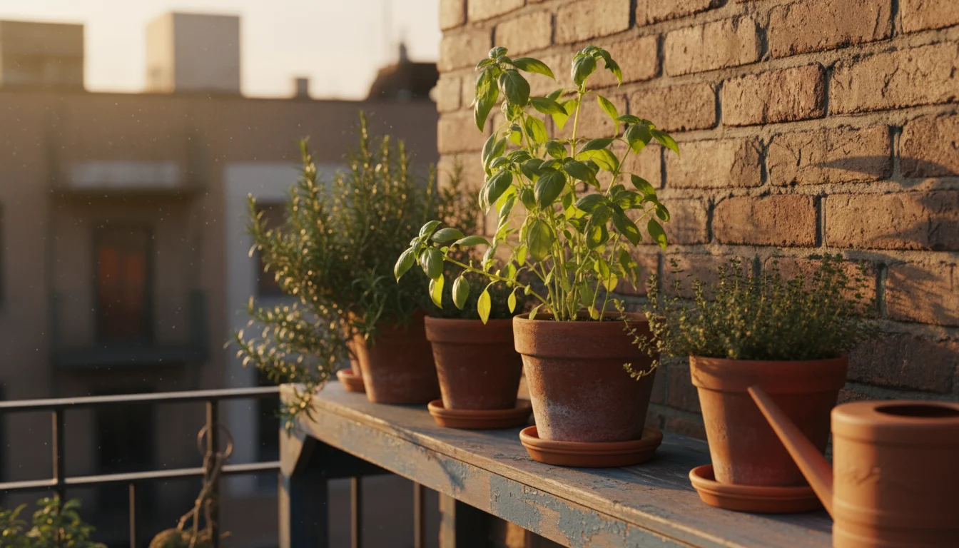 Stressed basil plant with yellowing leaves and leggy growth, surrounded by healthy container herbs on a sun-dappled urban balcony.