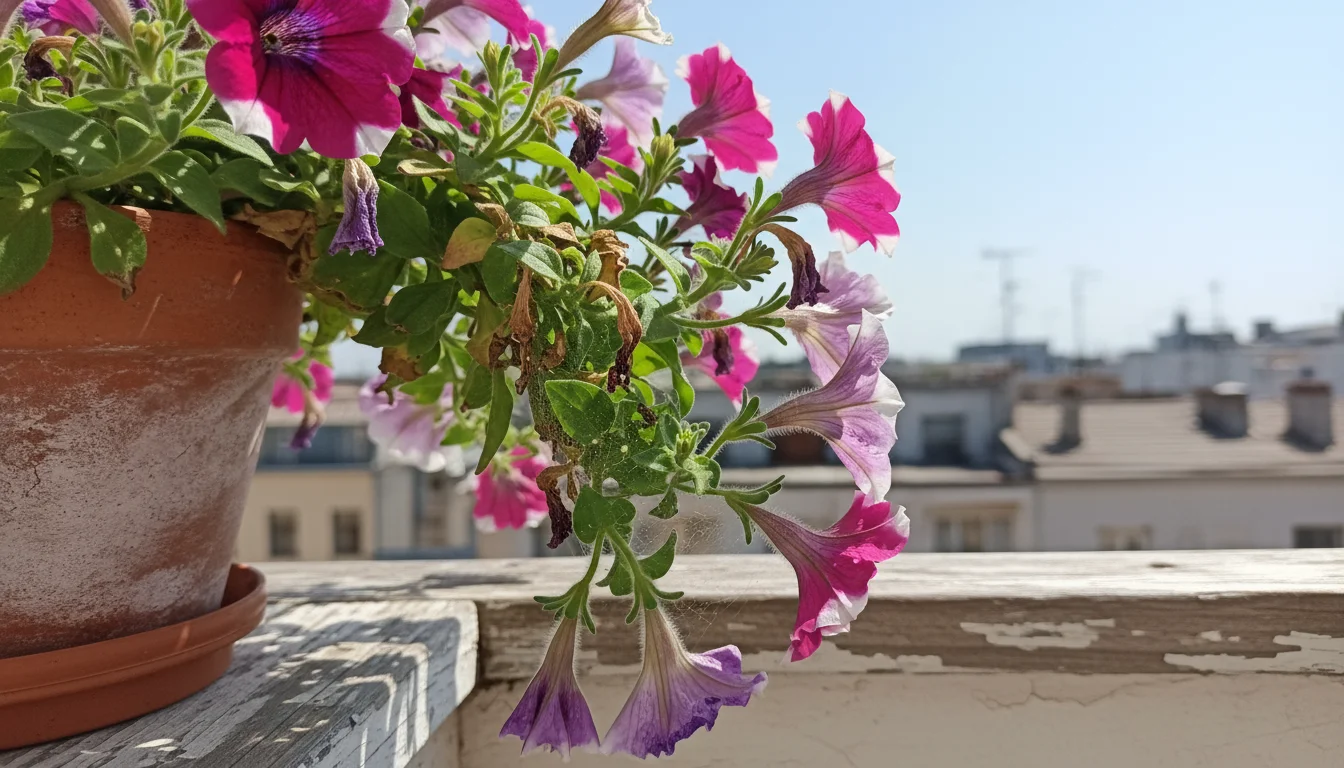 Close-up of a stressed container petunia on a balcony railing, with subtle spider mite webbing on leaves and tiny yellow stippling.
