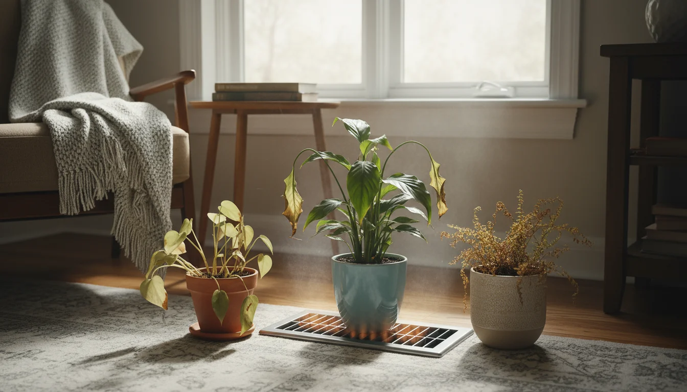 Stressed houseplants, some wilting with brown leaves, sit directly in front of an active floor heating vent on a wooden floor.