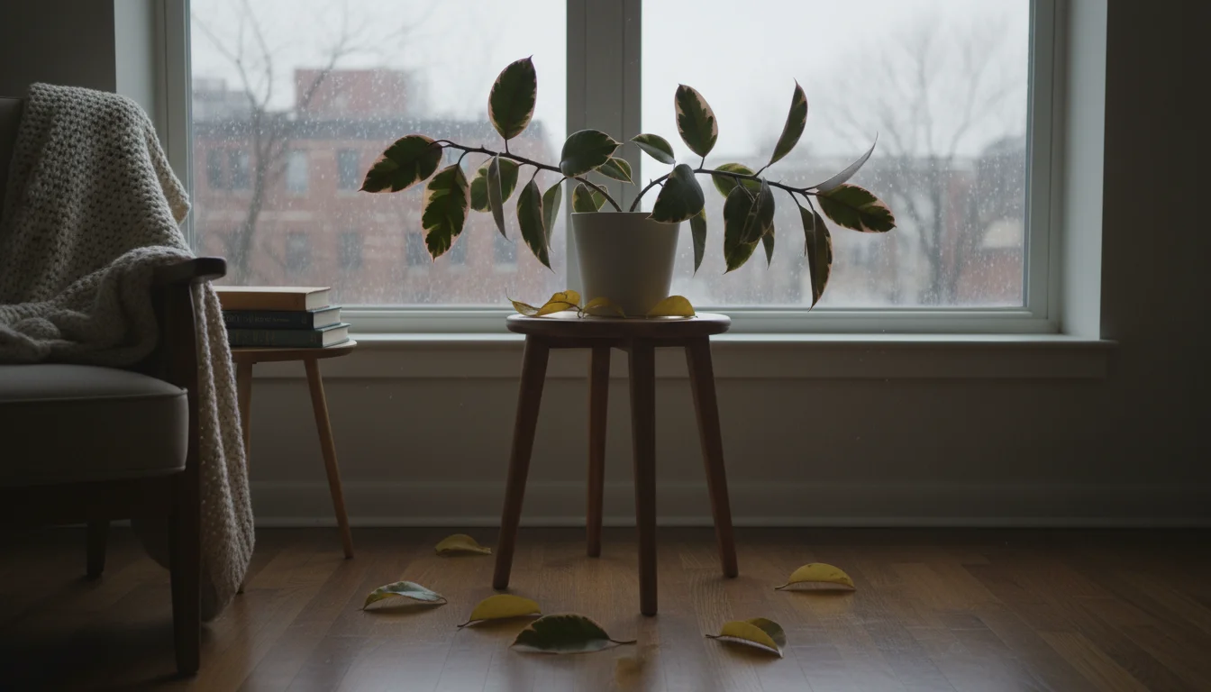 A stressed indoor plant with yellowed leaves on a wooden stool near a window with diffuse winter light. A hand hovers over a leaf.