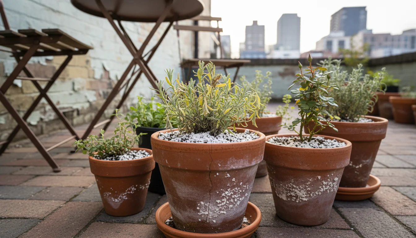 Stressed lavender in an aged terracotta pot, showing prominent white salt crust on the soil surface and streaking down the pot's exterior.