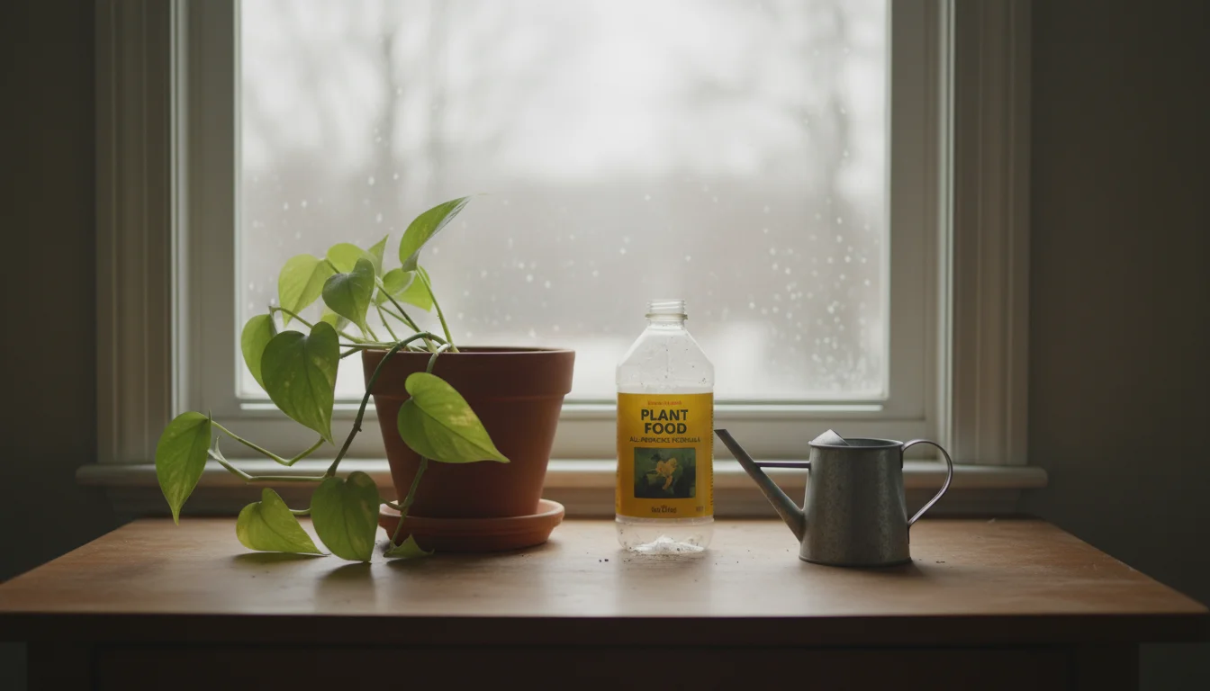 Stressed Pothos plant with yellowing leaves in a terracotta pot on a dim windowsill, with a half-empty fertilizer bottle beside it.