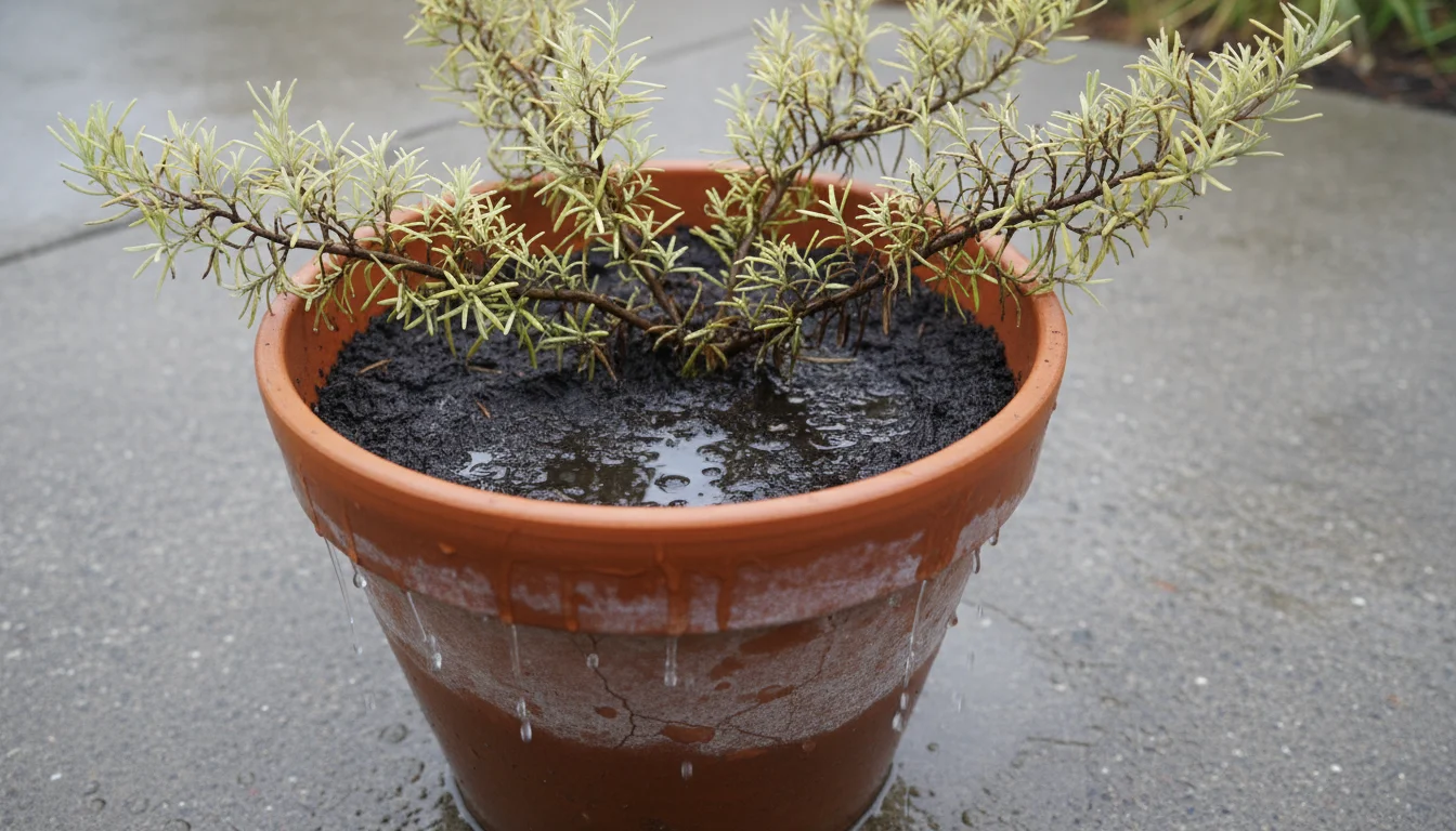A stressed rosemary plant in a terracotta pot with water beading on hard, cracked soil and yellowing needles.