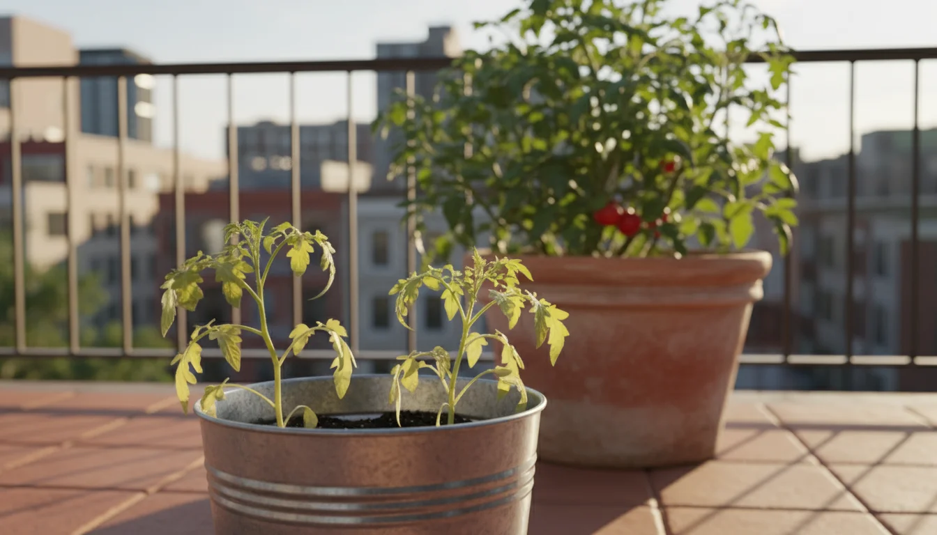 Stressed, yellowing tomato plants overcrowded in a small, upcycled galvanized bucket on a sunny patio, with a thriving plant in background.