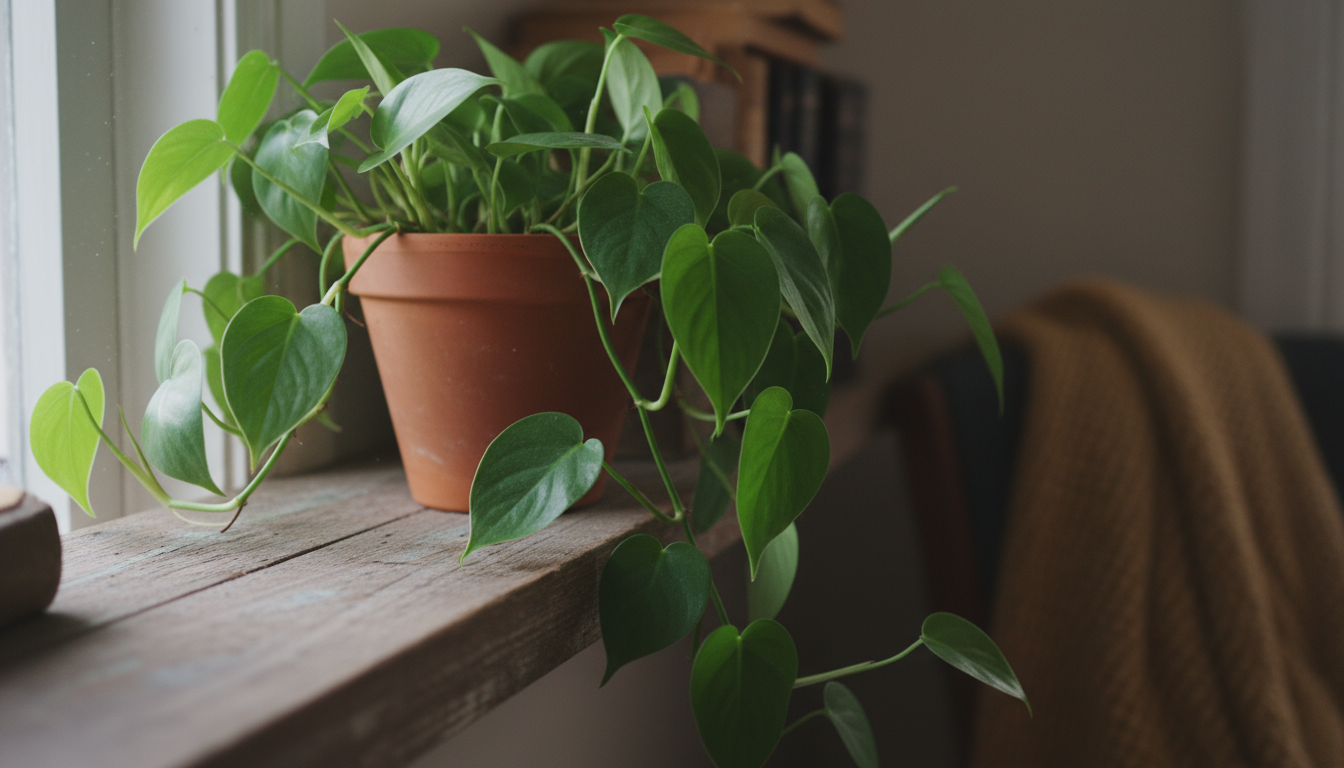 A tall, variegated snake plant in a stylish gray pot on a wood table in a softly lit corner of an urban apartment.