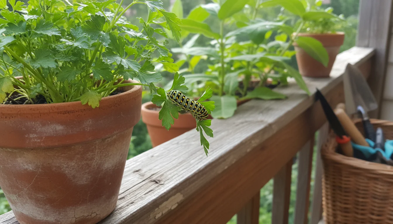A striped Black Swallowtail caterpillar eats parsley in a terracotta pot on a balcony. Softly blurred milkweed and a vertical planter are in the backg