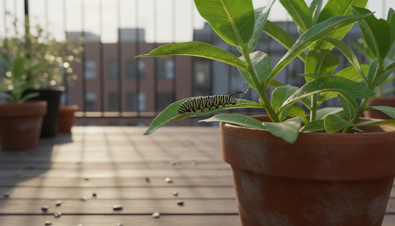 Close-up of a striped monarch caterpillar feeding on a vibrant green milkweed plant in a terracotta pot on an urban patio, softly lit.