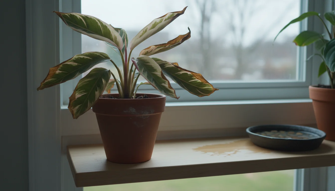 A Stromanthe plant with brown leaf tips and dry edges sits in a terracotta pot on a wooden shelf. A pebble tray is nearby.