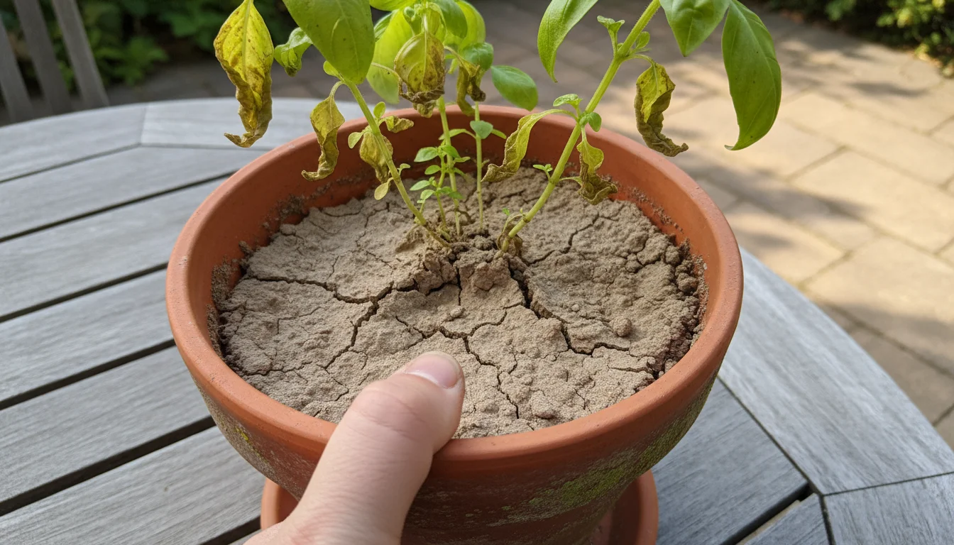 A close-up of a struggling basil plant in a terracotta pot on a patio table. The compacted, shrunken potting mix is visible.