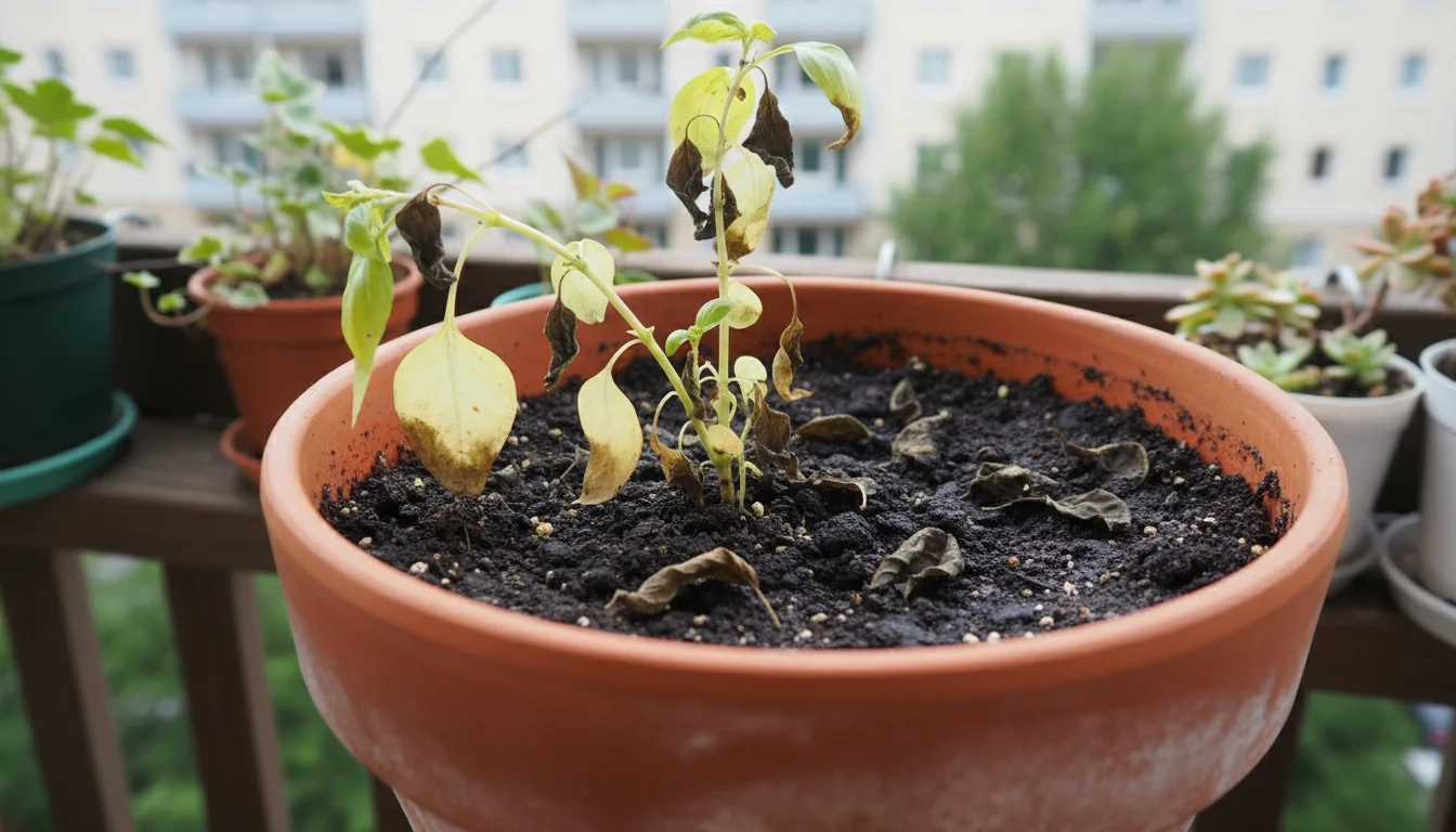 Struggling basil plant in a terracotta pot on an urban balcony, with yellowing leaves and damp soil.