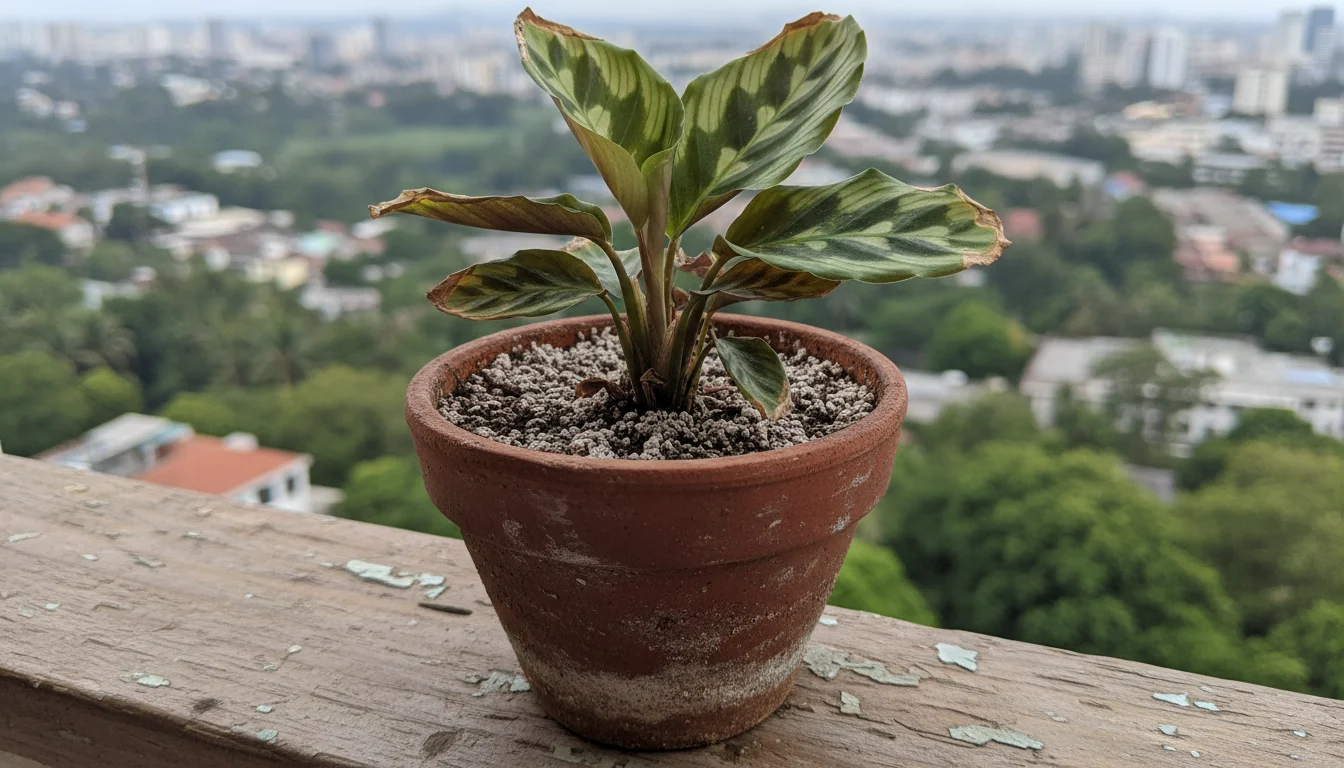 A struggling Calathea plant in a terracotta pot on a balcony shelf, showing crispy brown leaf edges and salt buildup on the soil.