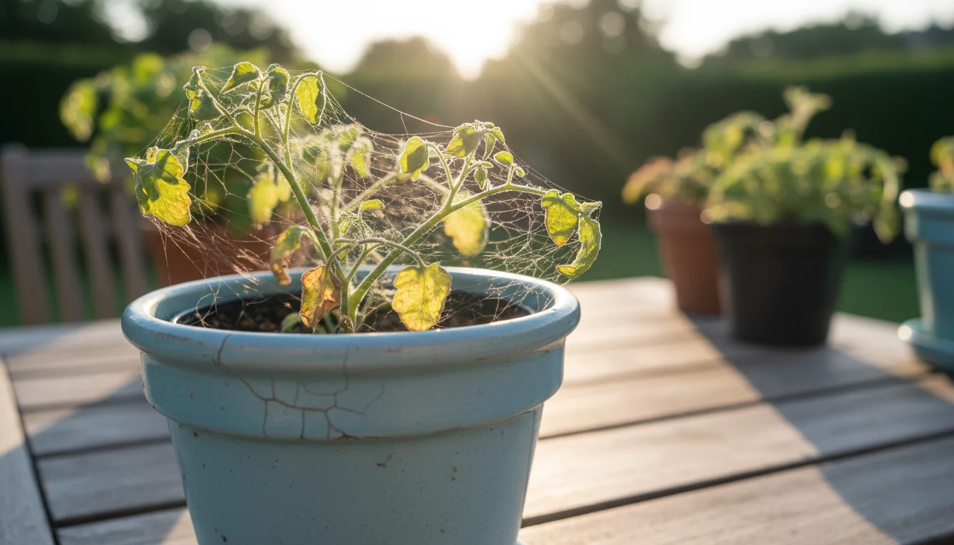 Close-up of a struggling dwarf cherry tomato plant in a ceramic pot, showing delicate spider mite webbing and yellow-stippled, dusty leaves.
