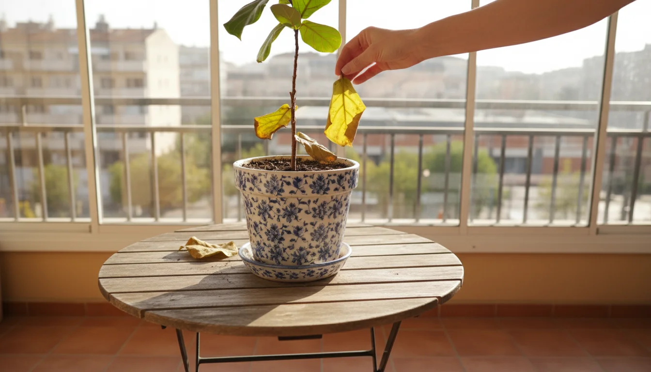 Struggling leafy houseplant in a blue-and-white ceramic pot on a wooden table. Yellowed and crispy brown leaves are visible, with some fallen.
