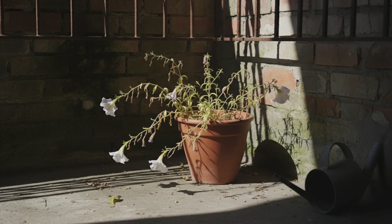 Struggling, leggy petunia plant with sparse, yellowing leaves and few pale blooms in a terracotta pot, placed in a deeply shaded balcony corner.