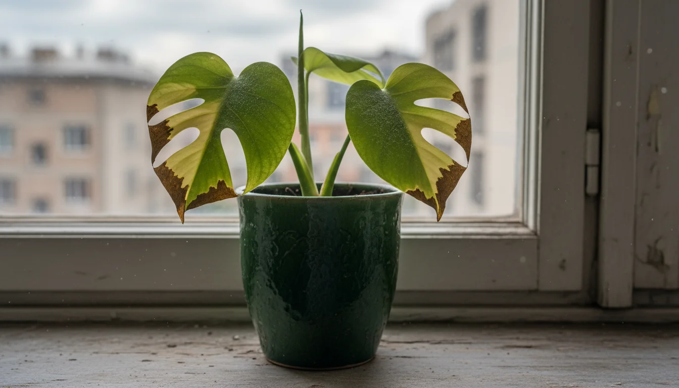Close-up of a struggling monstera plant with yellowed leaves, brown tips, and white mineral residue on its green pot, on a window ledge.