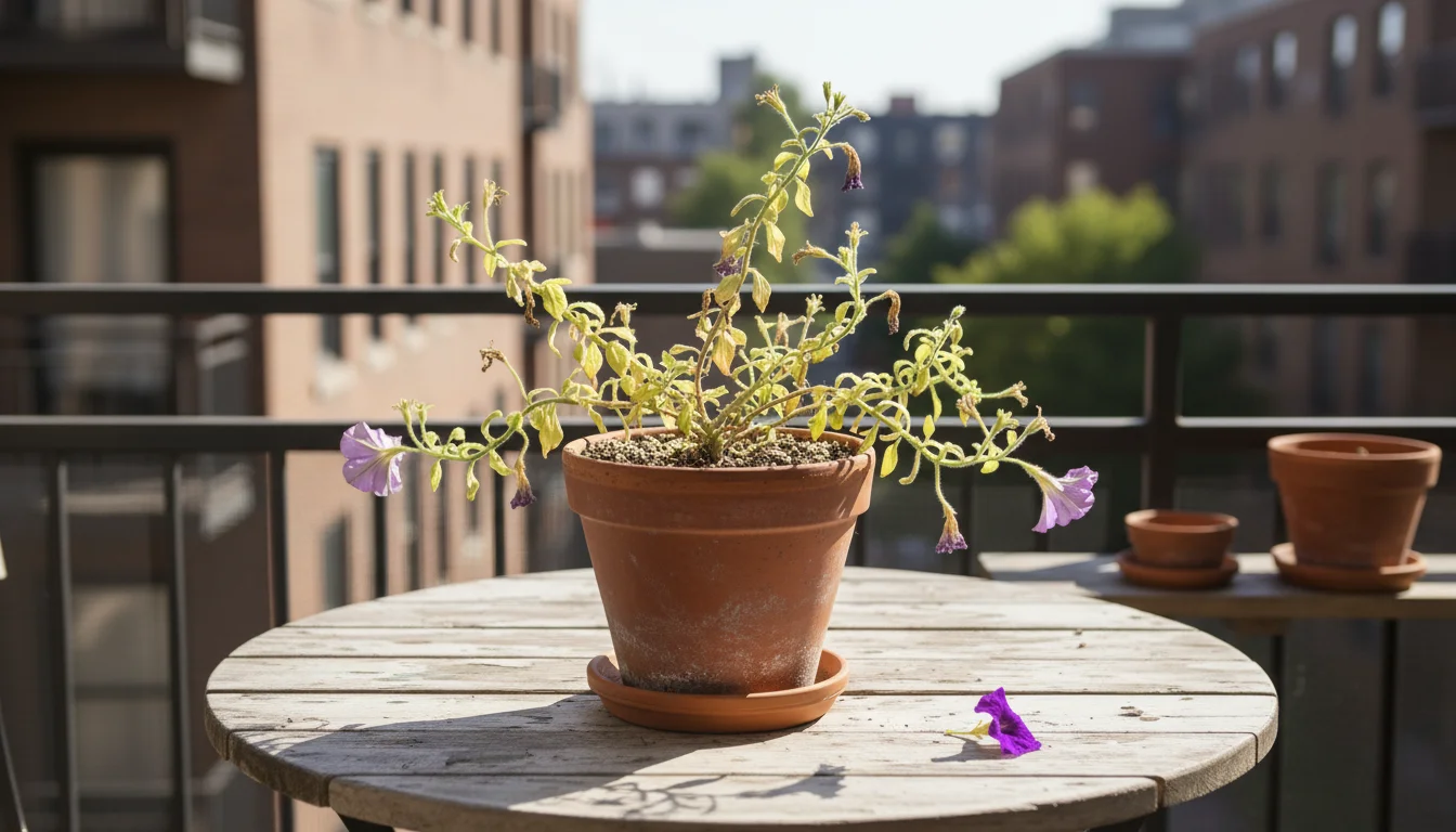 A struggling petunia in a terracotta pot on a balcony bistro table, with yellowed leaves and weak blooms, showing nutrient depletion.