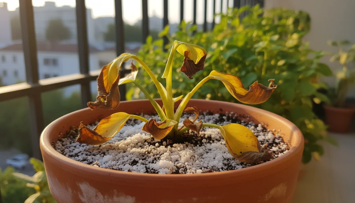 Struggling philodendron in a terracotta pot on a balcony. Leaves are yellowed with brown tips, and soil has a white salt crust.