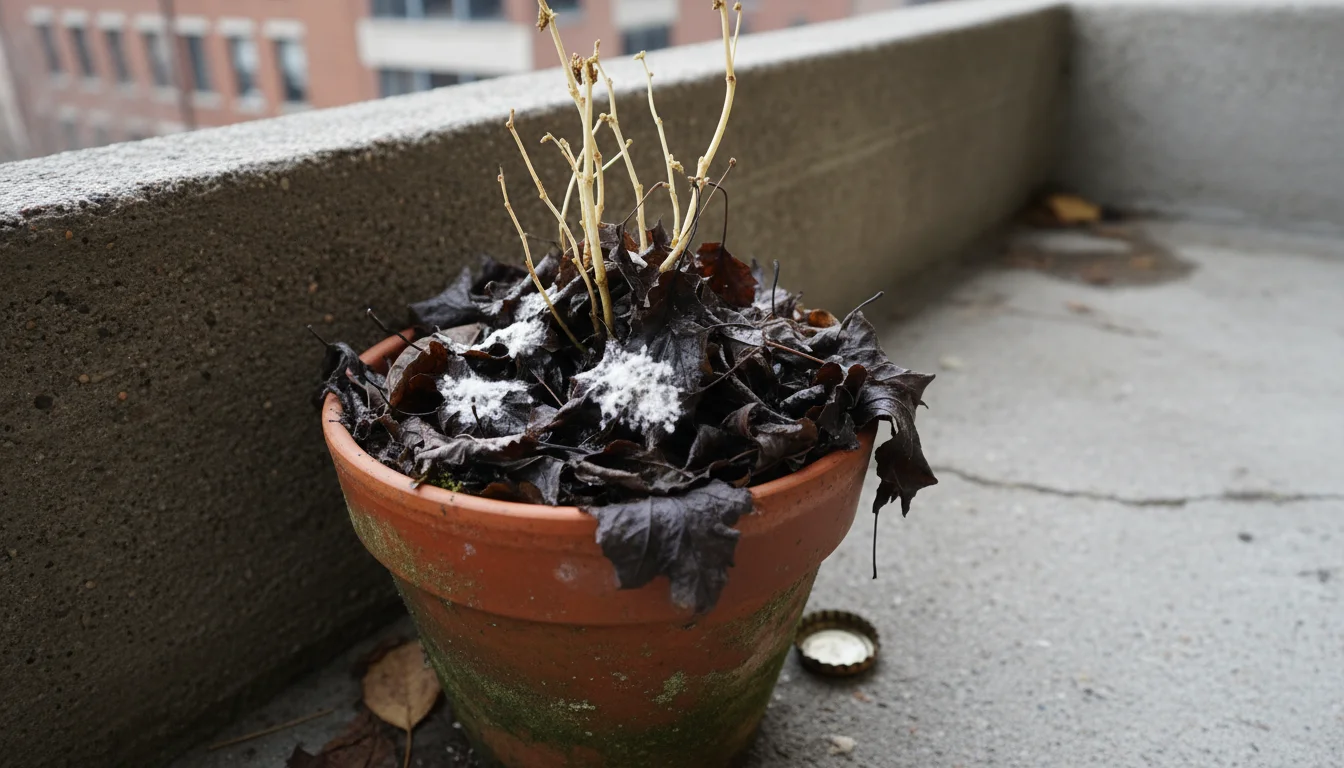 A close-up, slightly top-down view of a struggling plant in a terracotta pot, covered by damp, moldy fall leaves. The soil looks waterlogged.