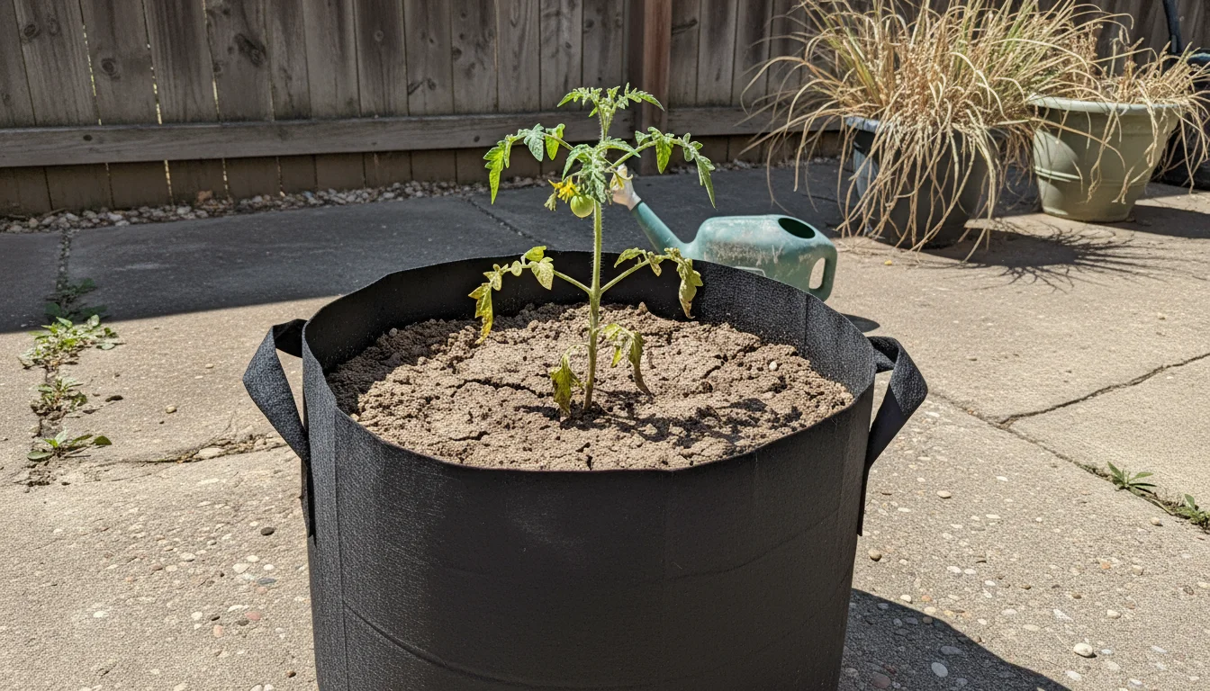A struggling, stunted tomato plant with pale, yellow leaves in a large fabric grow bag. The soil surface looks dry and depleted.