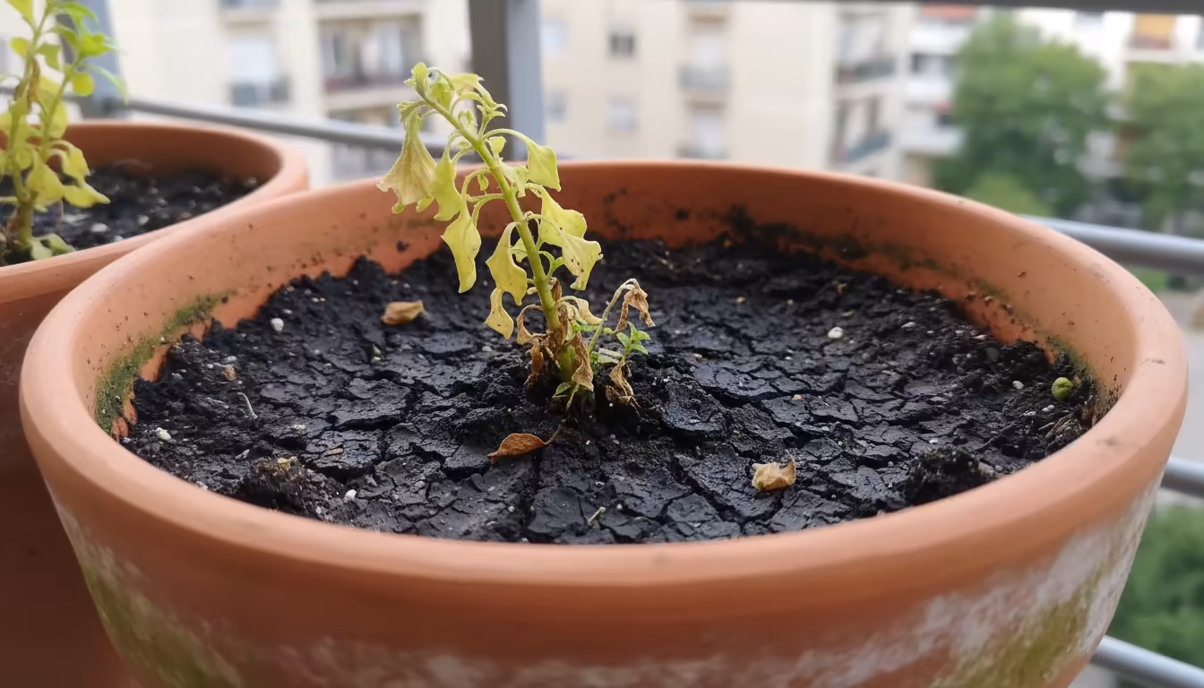 A struggling, yellowing petunia in a terracotta pot with compacted, cracked soil on an urban balcony.