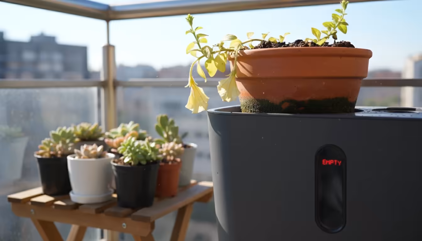 Close-up of a struggling, yellowing plant in an overwatered ceramic pot on a sunny balcony, with no visible drainage holes.