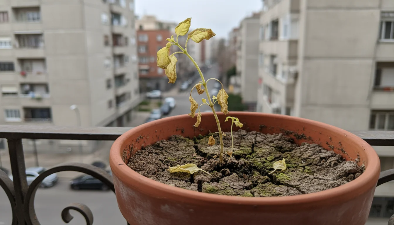 Stunted, yellowing basil plant in a terracotta pot on an urban balcony, showing compacted soil with algae.