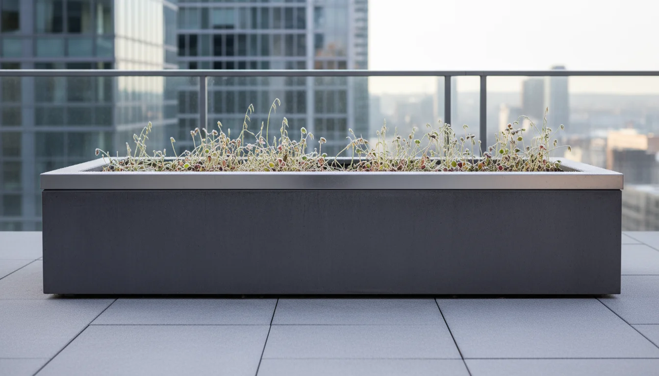 Stunted, yellowing cover crops with frost on leaves in a rectangular planter on a patio, showing poor growth.