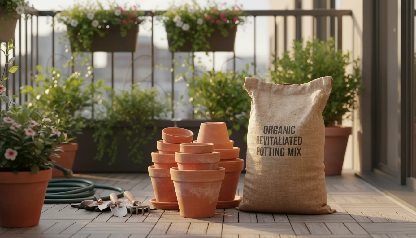 A sturdy bag of rejuvenated potting mix sits on a clean urban balcony next to stacked, empty terracotta pots, ready for reuse.