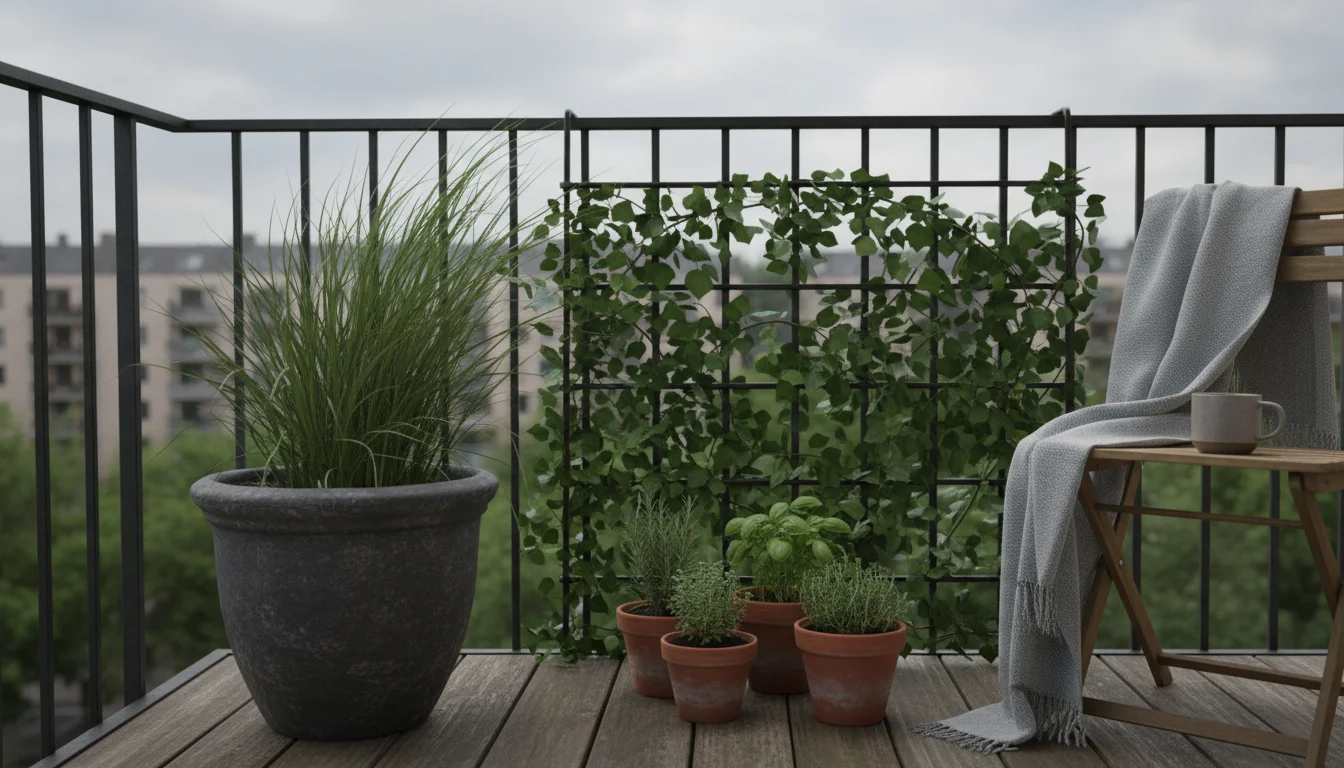 Sturdy ceramic pot with ornamental grass on a compact urban balcony, partially sheltered by a metal trellis with ivy, with city buildings blurred behi