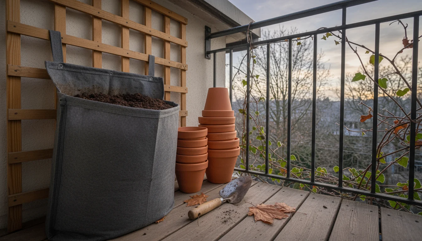 Sturdy dark grow bag of used potting mix stored neatly in a covered balcony corner with empty terracotta pots, prepared for winter.