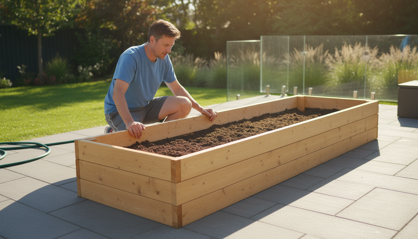 Compact dark wood raised planter with dwarf tomatoes and climbing nasturtiums, shielded by a wooden lattice screen on a paved patio.