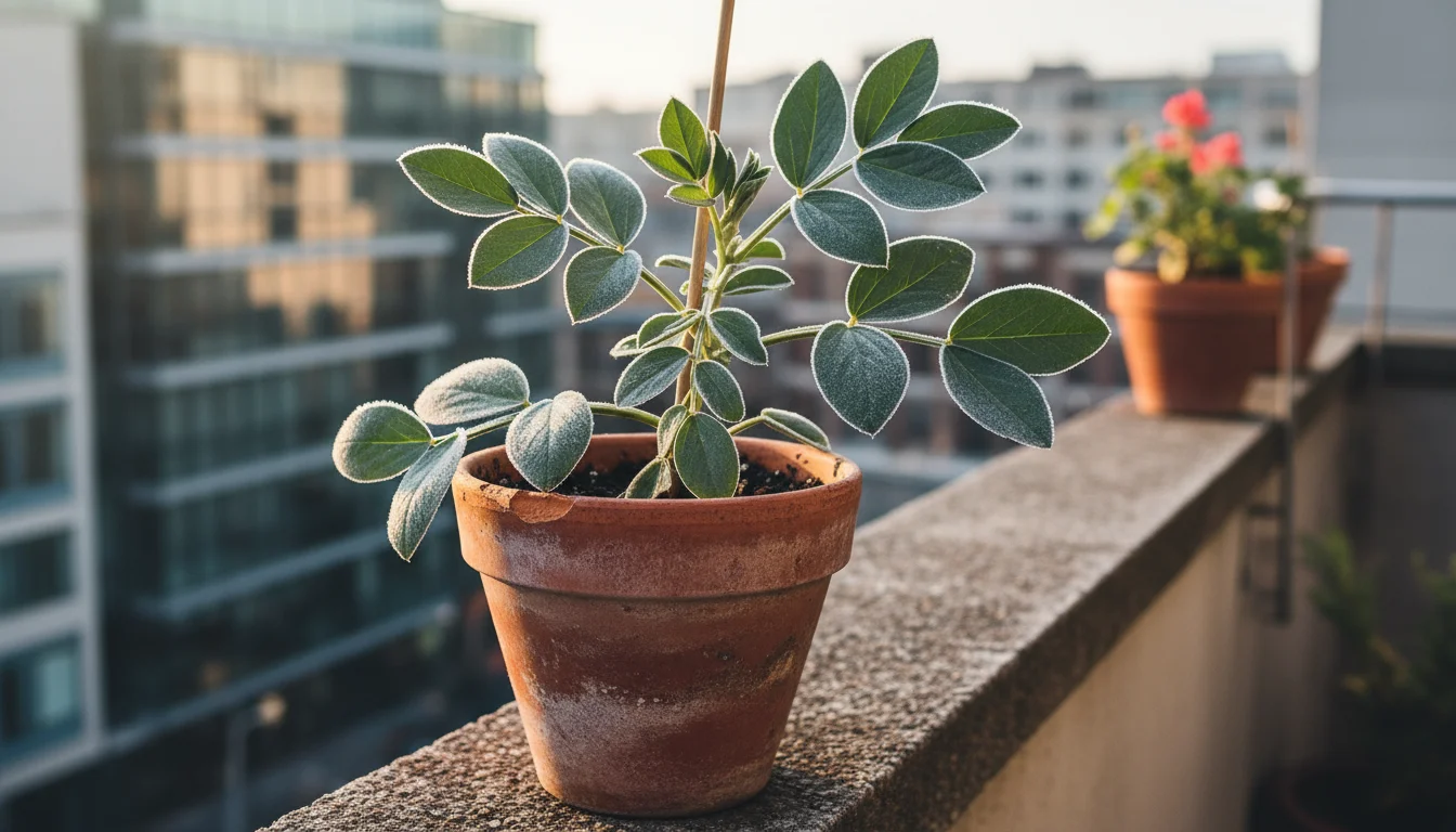 A sturdy fava bean plant, about 2.5 feet tall, with frosted bluish-green leaves, stands in a terracotta pot on an urban balcony, showing resilience.