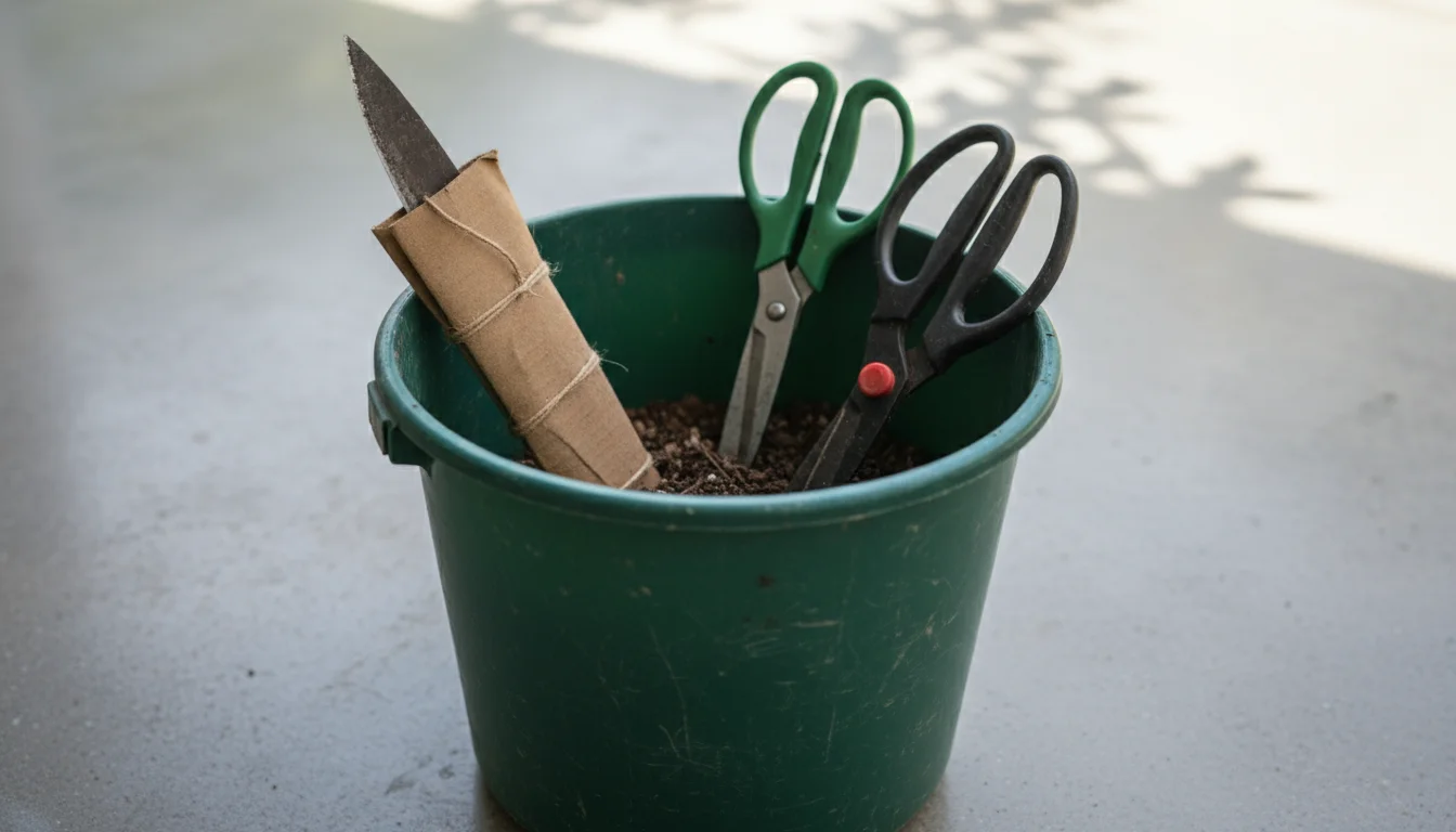 Sturdy green bucket on a concrete patio, containing safely stored DIY garden tools; knife with cardboard sheath, sharp shears pointing down.