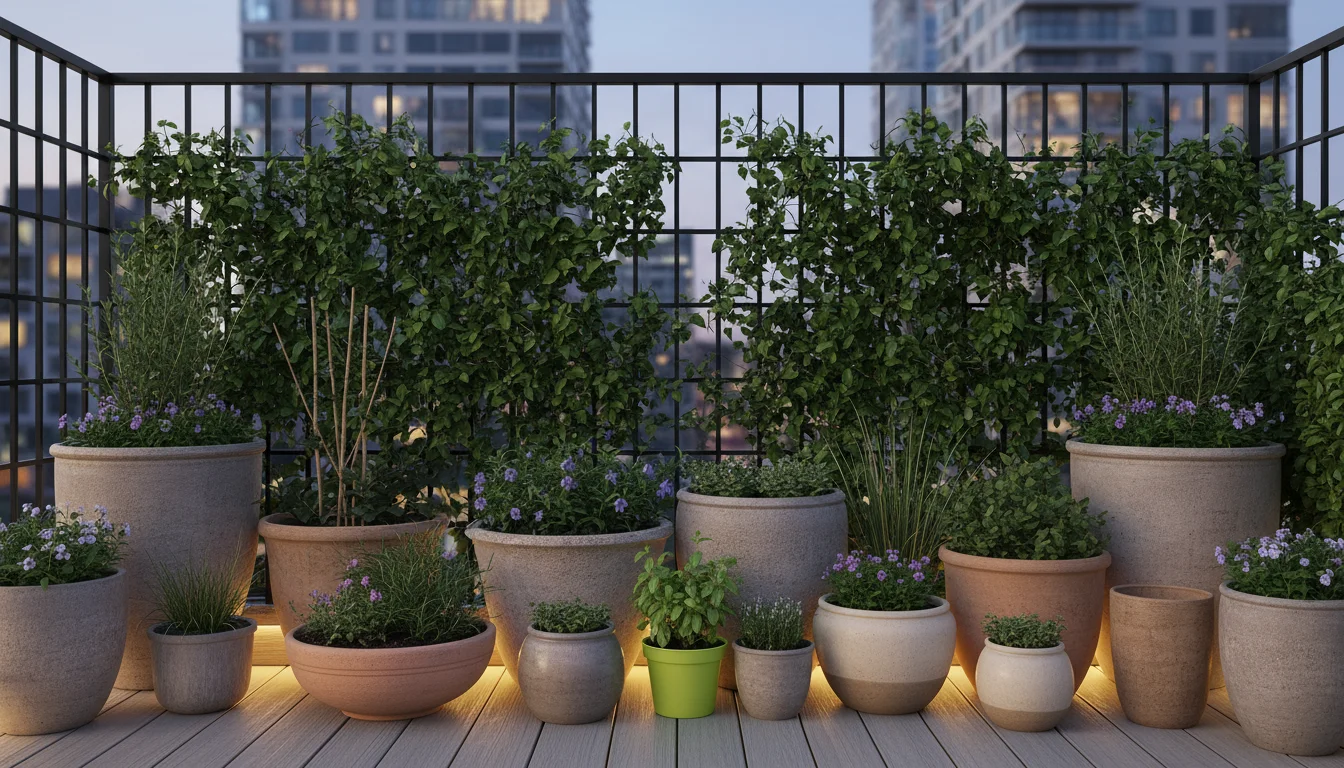 A sturdy ivy-covered trellis acts as a living windbreak on an urban balcony, protecting an array of clustered heavy planters.