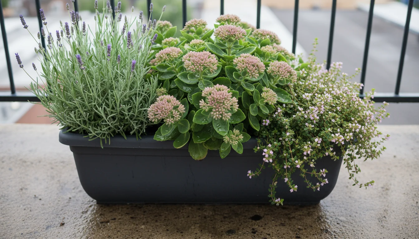 Close-up of a sturdy rectangular balcony planter filled with a mix of wind-tolerant plants: dense sedum, fragrant lavender with flexible stems, and tr