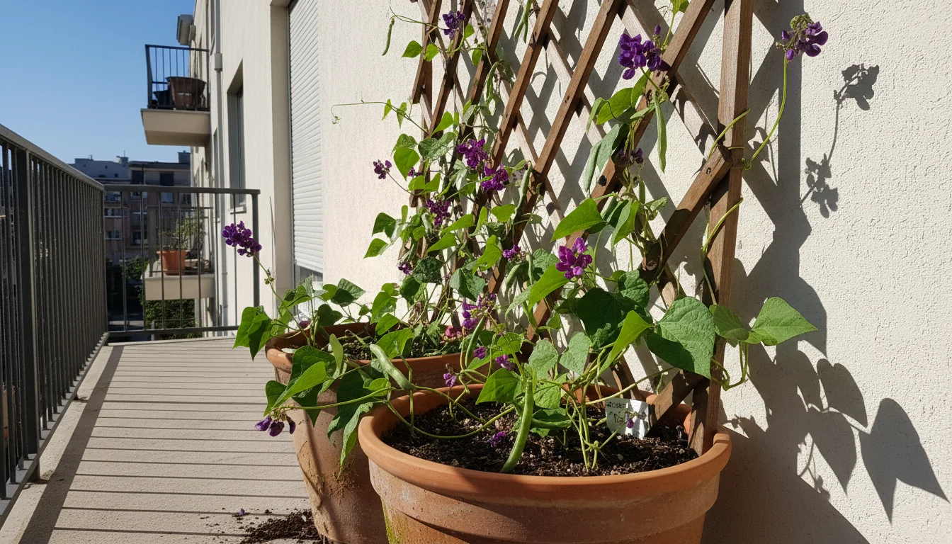 Sturdy wooden trellis on an apartment balcony wall with climbing bean plants, purple flowers, and green pods in a terracotta pot.