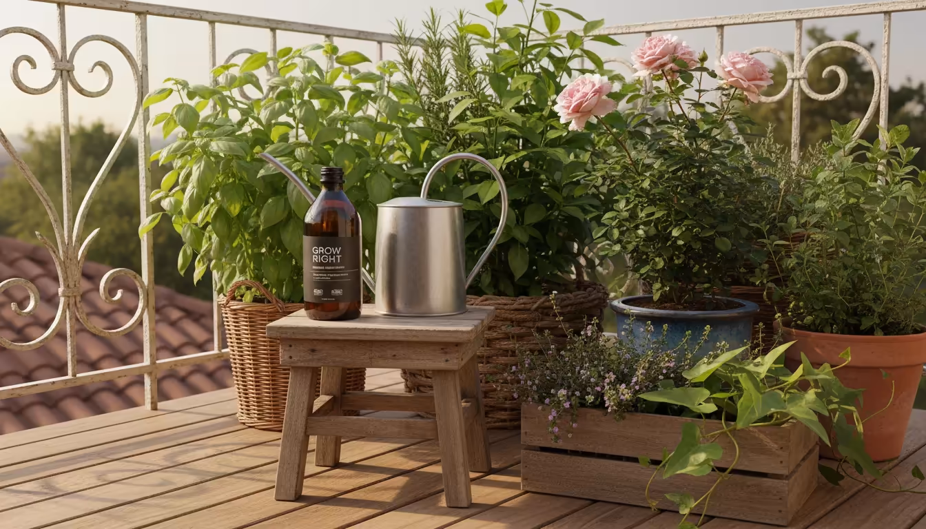 Stylish amber liquid fertilizer bottle and metal watering can on a weathered stool amidst thriving balcony container plants.