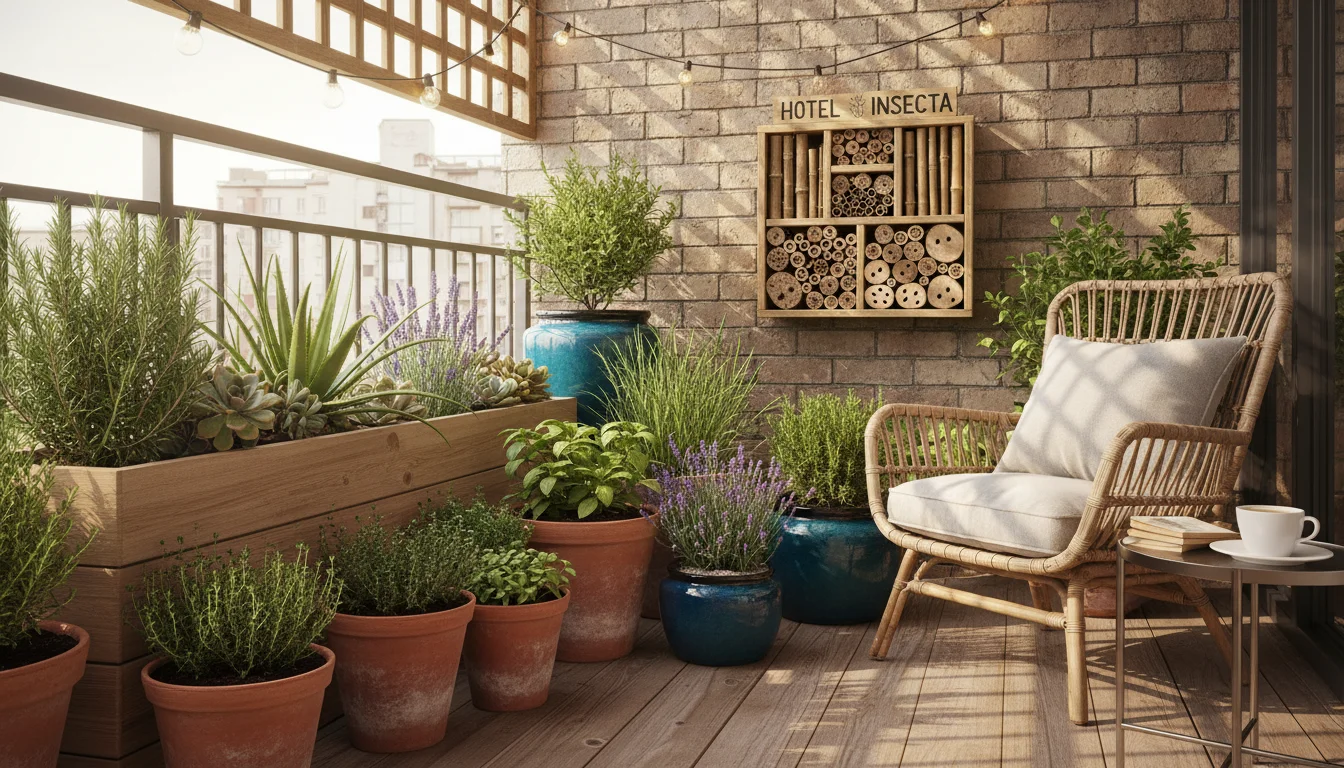 A stylish balcony corner with diverse container plants, herbs, and a sleek insect hotel integrated into the design, bathed in golden light.