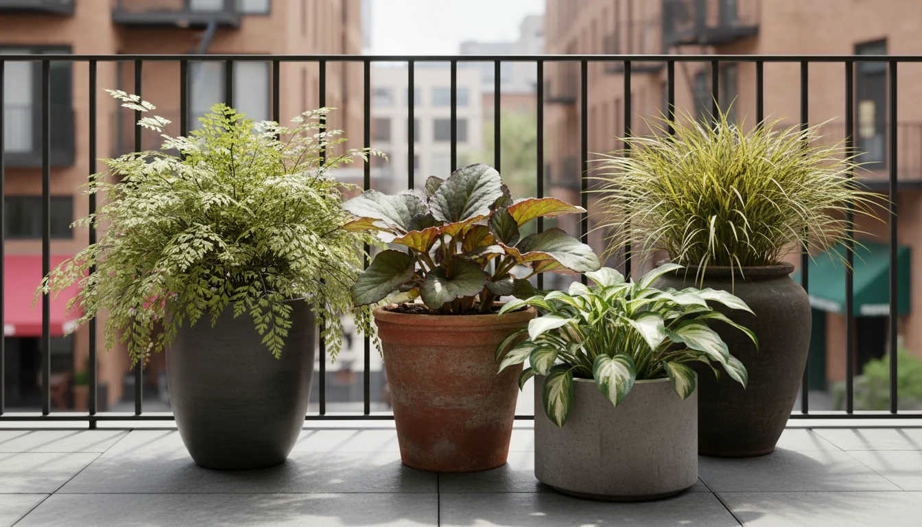A stylish container garden featuring diverse foliage: delicate maidenhair fern, bold Bergenia, variegated hosta, and deep purple Heuchera on an urban