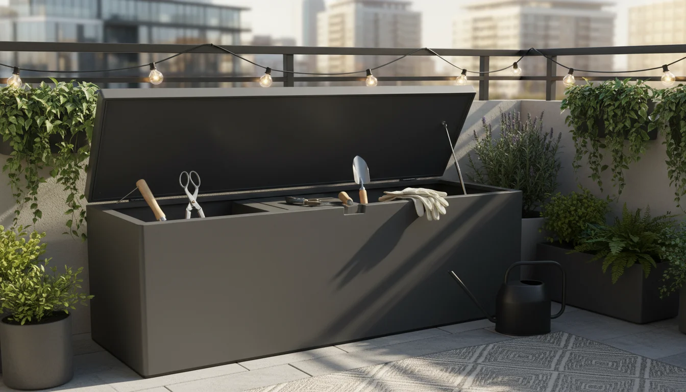 Stylish dark grey outdoor storage bench on an urban balcony, lid ajar revealing gardening tools, next to a matte black watering can and potted plants.