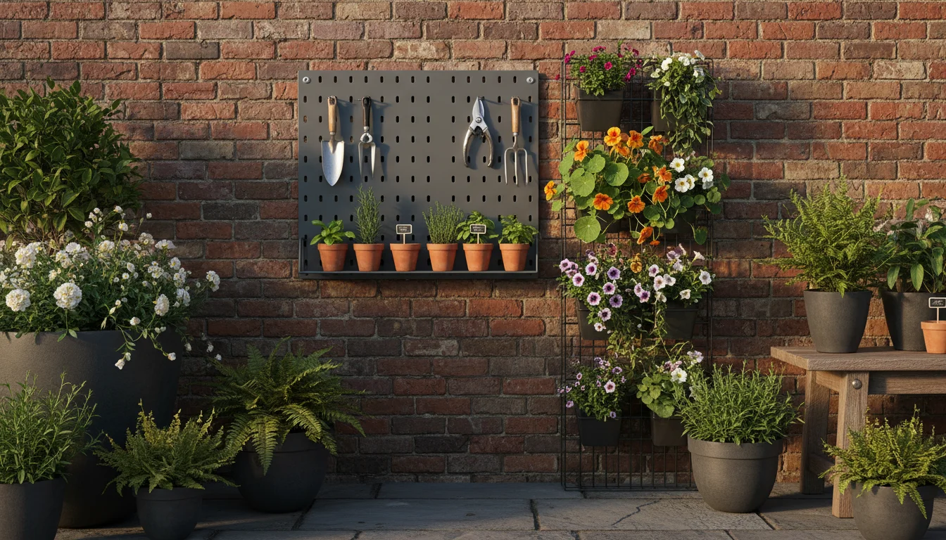 Stylish dark grey pegboard organizer on a patio wall, holding neatly arranged garden tools and small herb pots amidst lush container plants.