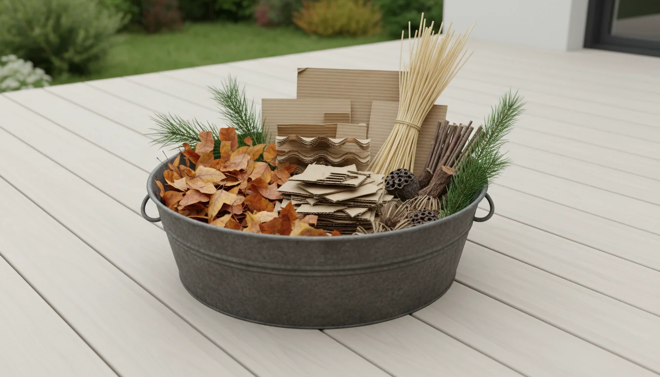 A stylish galvanized tub on a patio deck, holding a textured collection of composting browns: dry leaves, shredded cardboard, straw, pine needles.